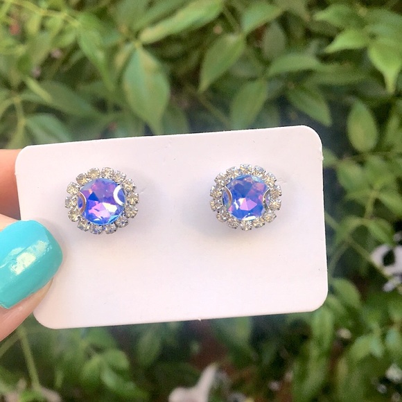 Periwinkle + Silver Rivoli Crystal Halo Earrings - Picture 3 of 9